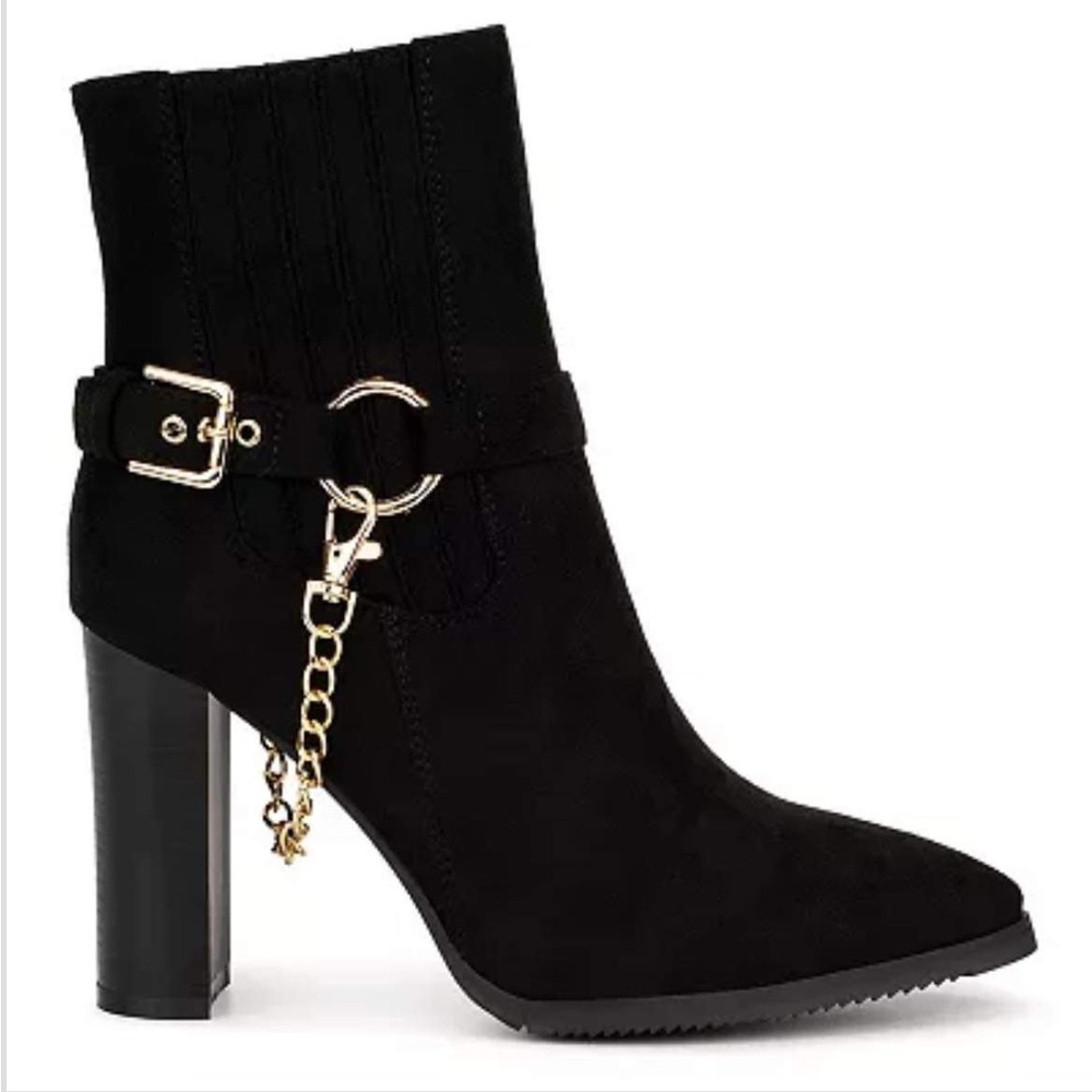 New York & Company Fallon Heeled Ankle Boots Size 10 Black w/ Gold Chain Detail